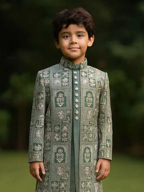 Pastel green cotton silk indowestern suit