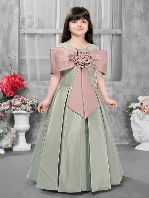 Pastel green silk girls gown for partywear