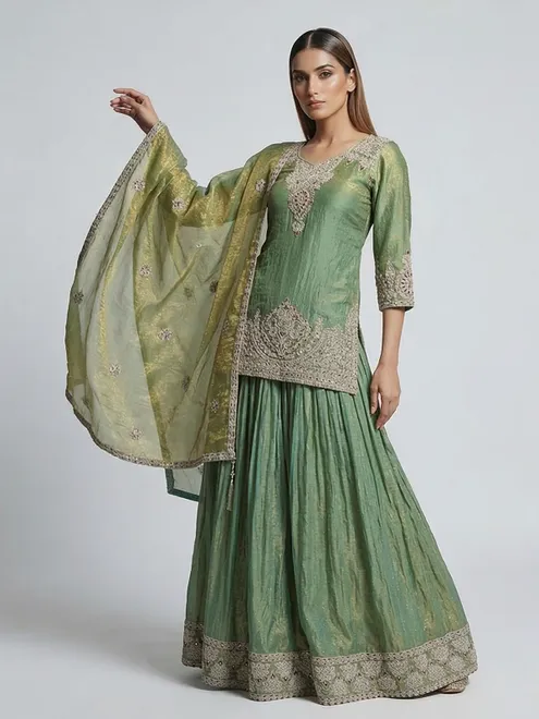 Pastel green silk lehenga style salwar suit with dupatta
