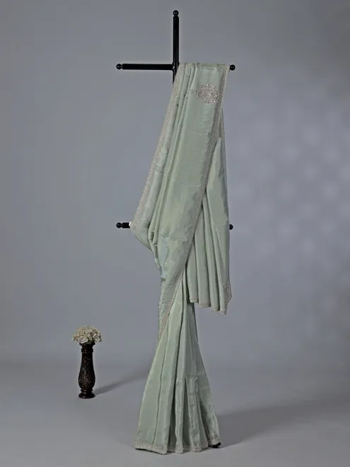 Pastel green tissue dola silk saree with zardosi accents
