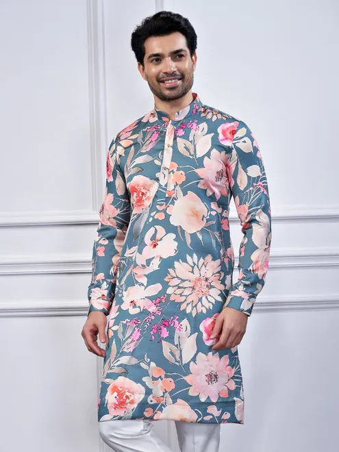 Pastel grey cotton printed kurta suit for festive