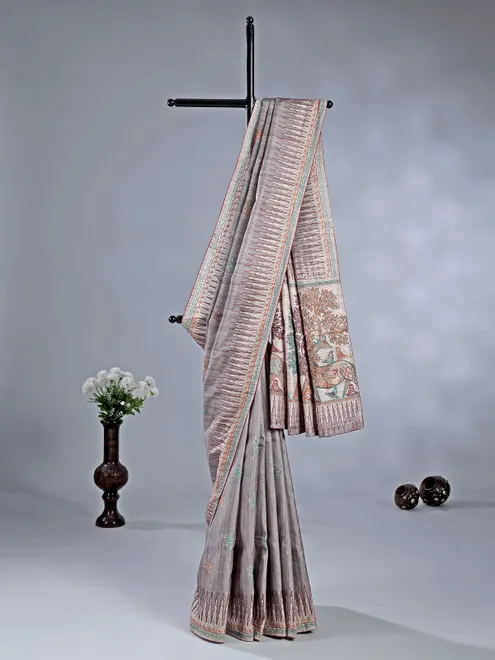 Pastel grey festive wear silk saree