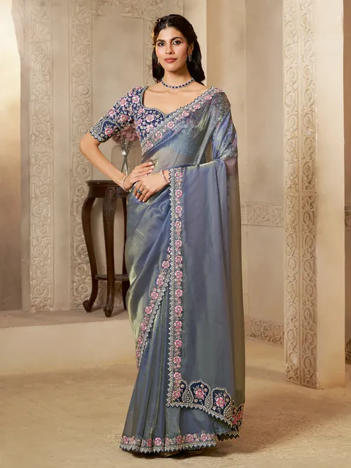 Pastel grey organza satin saree of whispered elegance