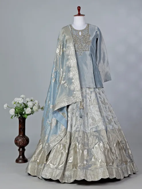 Pastel grey silk keyhole neck lehenga choli