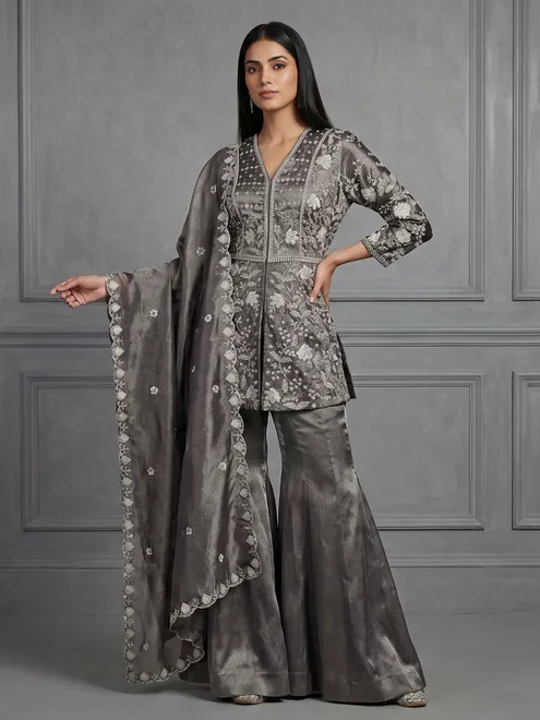 Pastel grey tissue organza palazzo suit designer style