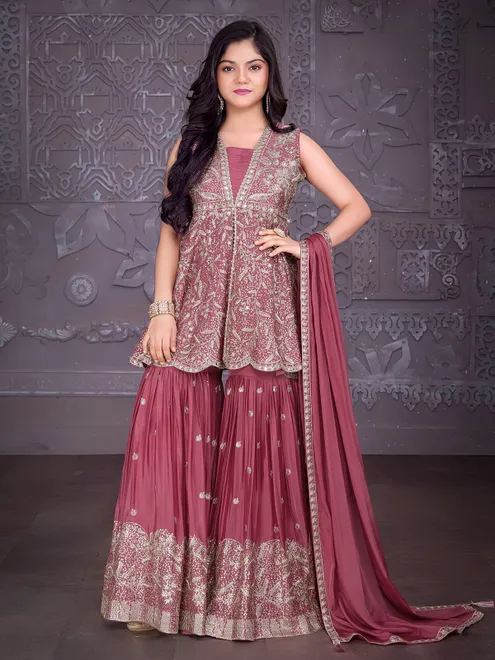 Pastel maroon silk sharara suit for festival wear