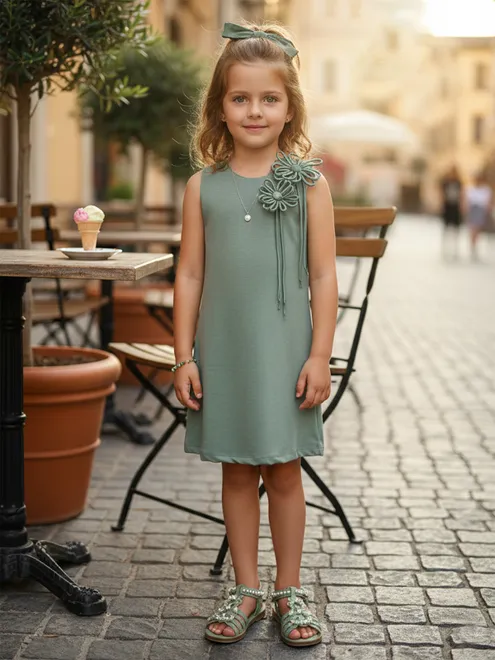Pastel olive casual wear frock for girls