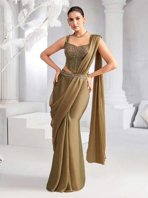 Pastel olive chiffon ready to wear saree for women
