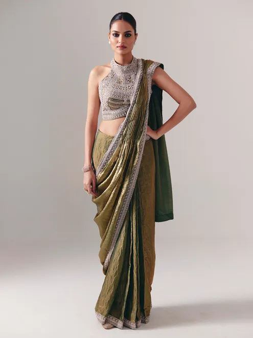 Pastel olive chiffon silk ready to wear saree for wedding