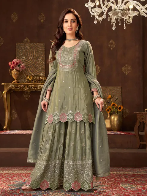 Pastel olive silk pakistani sharara suit