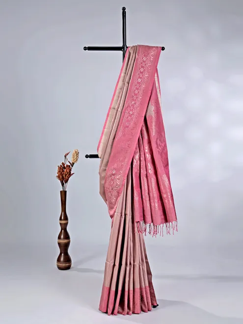 Pastel onion pink banglori silk saree with zari weaving