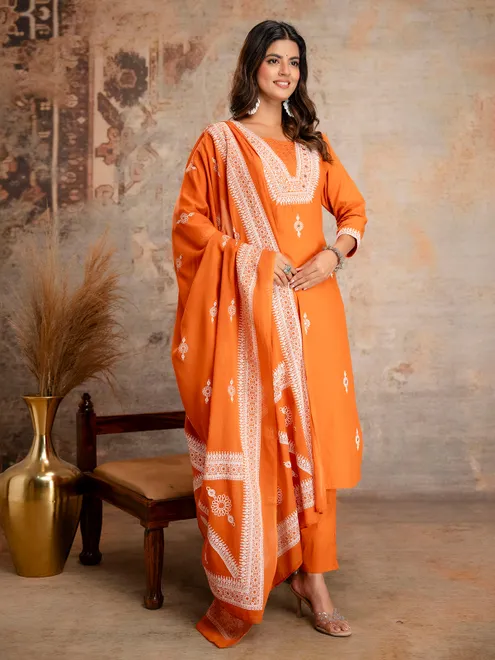 Pastel orange cotton slk kurti set