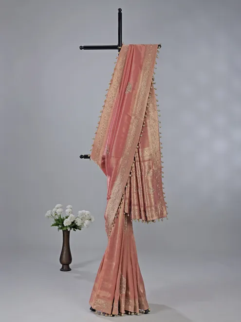 Pastel peach dola tissue silk saree with zardosi shine