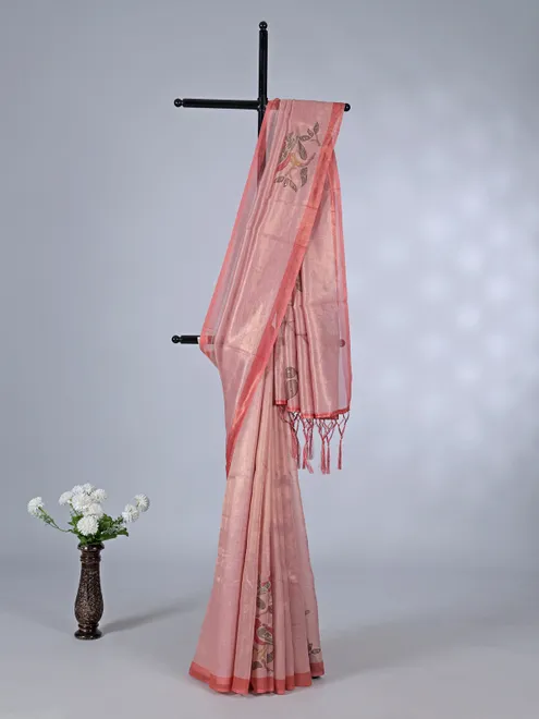 Pastel peach tissue cotton silk saree with embroidery touch