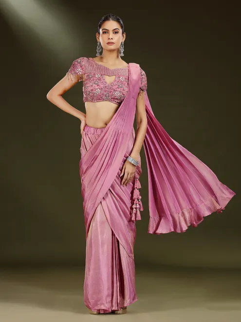 Pastel pink crepe silk designer party wear saree
