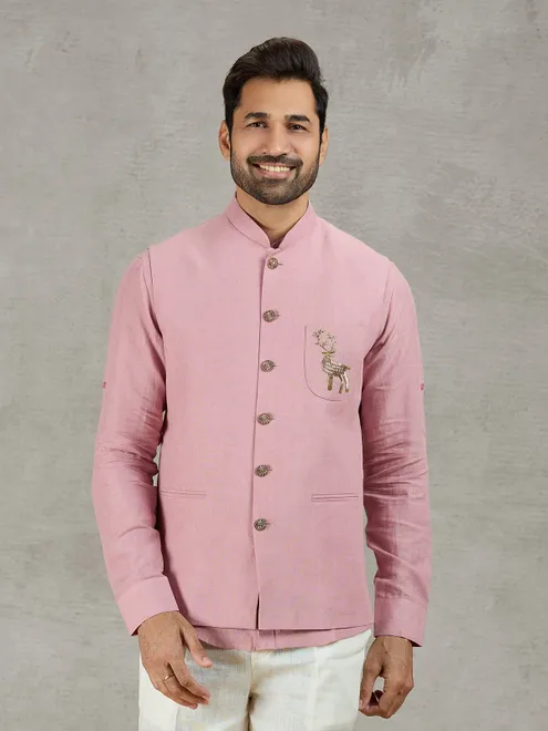 Pastel pink linen waistcoat with shirt and embellished crest detail