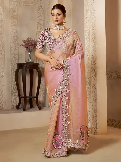 Pastel pink organza silk saree with mirror elegance