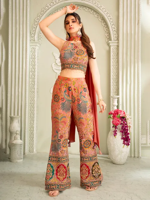 Pastel pink silk palazzo set with zardosi work