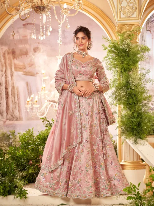 Pastel pink unstitched lehenga choli for bride