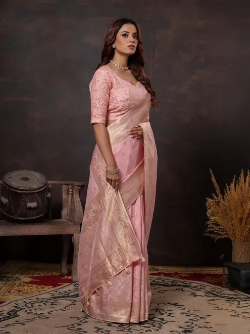 Pastel pink zari worked dola silk saree
