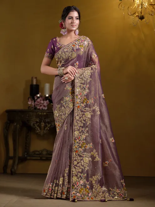 Pastel purple banarasi saree with elegant embellishments