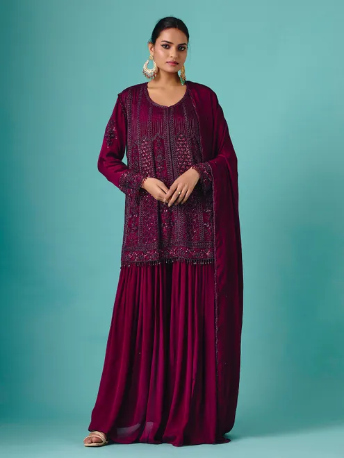 Pastel purple georgette silk heavy work palazzo suit