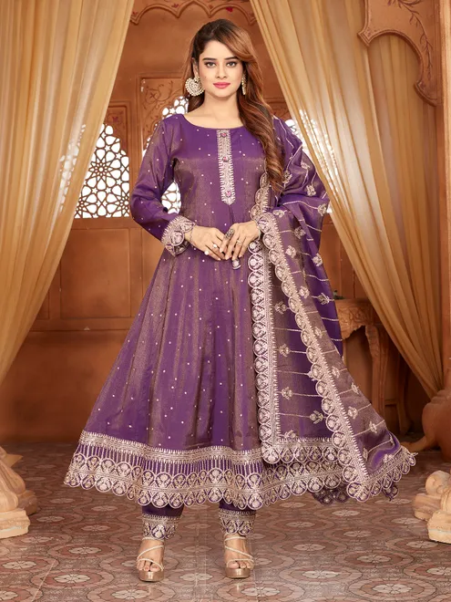 Pastel purple pakistani style silk anarkali suit