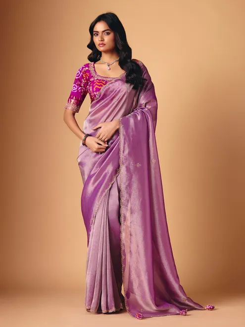 Pastel purple saree in tissue silk with ready made blouse