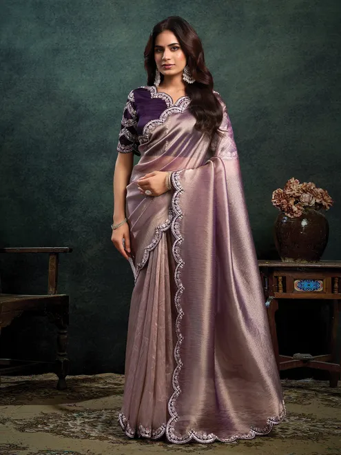 Pastel purple sequin embellished organza silk saree