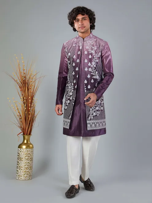 Pastel purple shaded velvet indowestern set