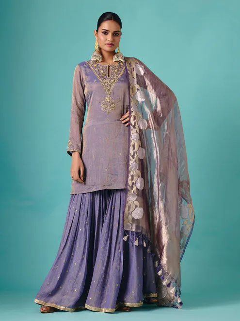 Pastel purple silk full sleeve elegant sharara suit