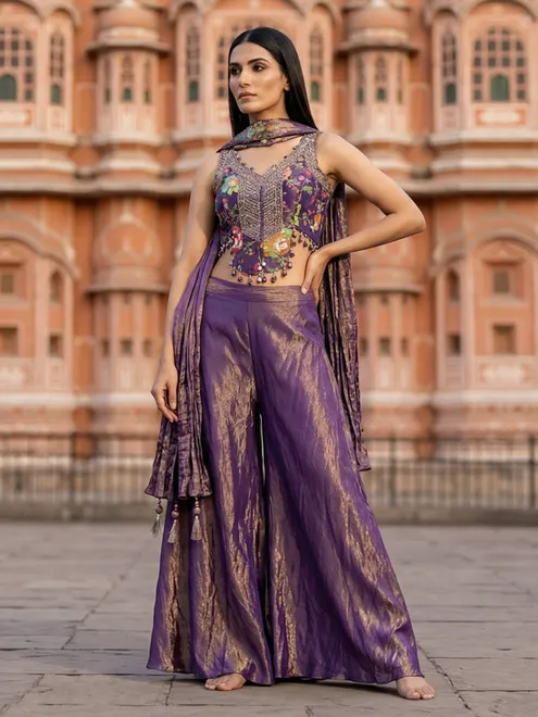 Pastel purple silk mirror zardosi designer palazzo suit