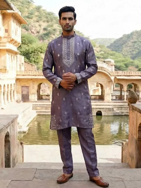 Pastel purple silk resham sequins festive kurta suit