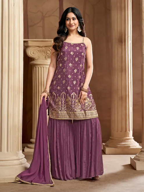 Pastel purple silk sharara suit for wedding wear