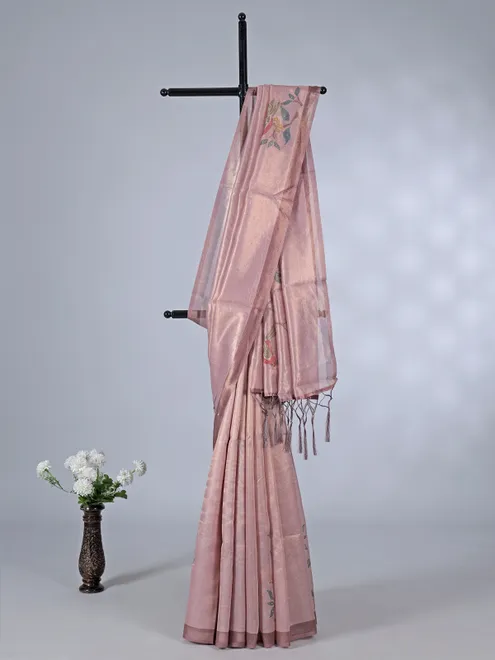 Pastel purple tissue cotton silk saree with embroidery work