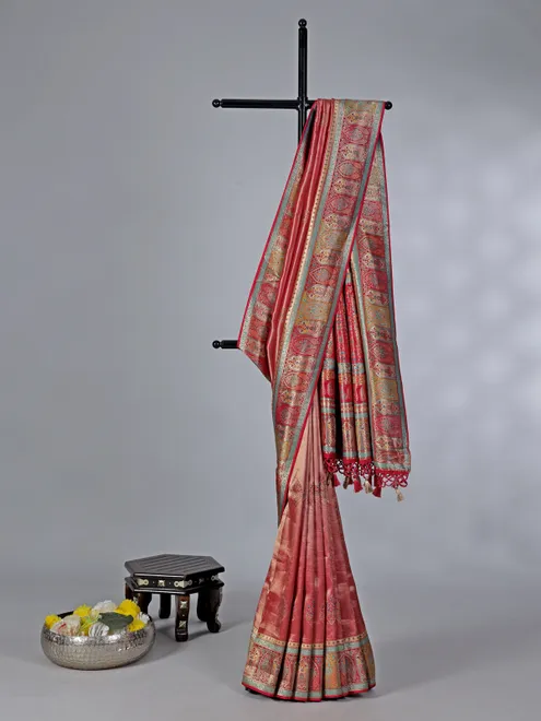 Pastel red dola tissue silk saree with contrast border