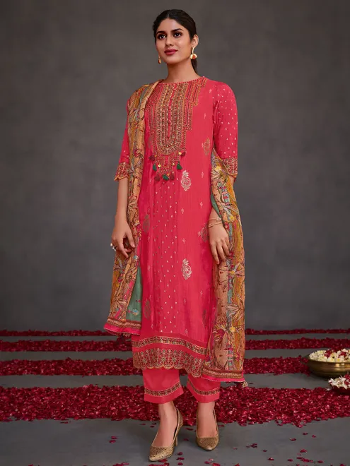 Pastel red embroidered muslin silk salwar suit for special occasions