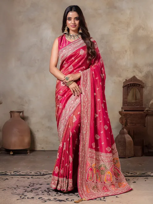 Pastel red tissue silk saree for wedding