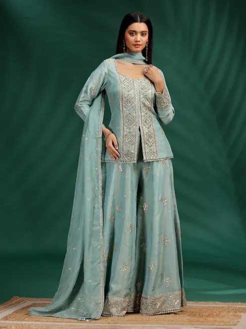 Pastel sky blue silk palazzo suit for women