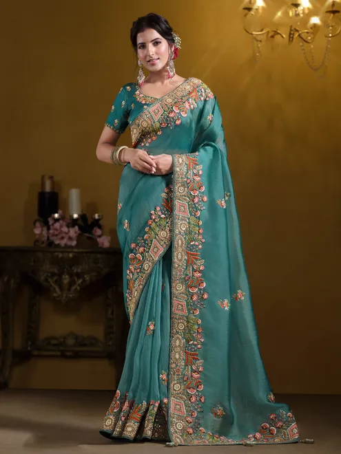 Pastel teal blue tissue silk saree with zardosi