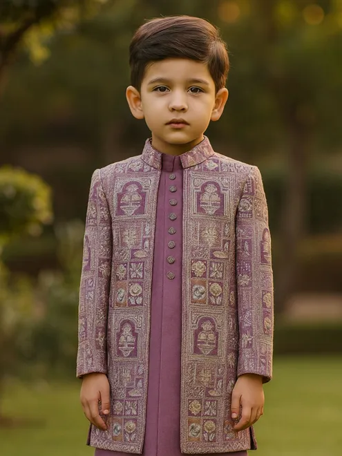 Pastel wine cotton silk indowestern suit with embroidery