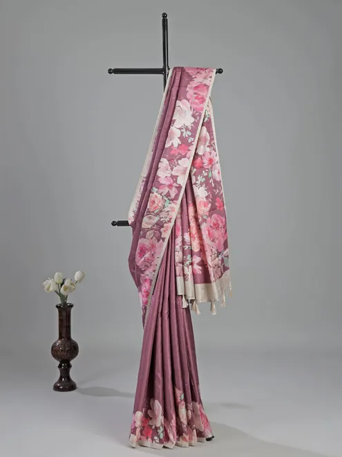 Pastel wine silk saree with printed
