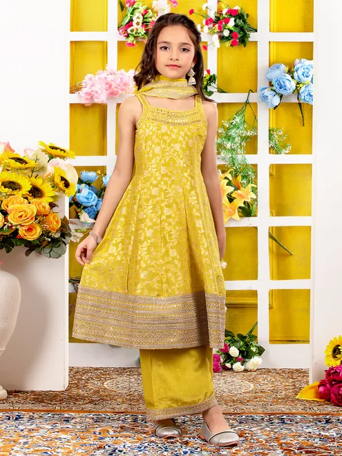 Pastel yellow festive silk palazzo suit with dupatta