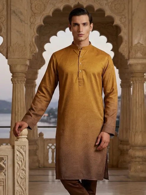 Pastel yellow silk shaded floral printed festive kurta