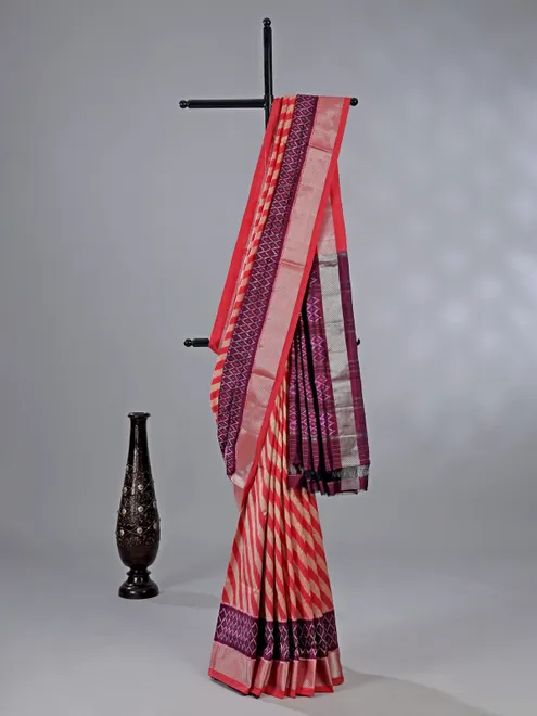 Peach and beige zari weaving patola silk Saree for wedding