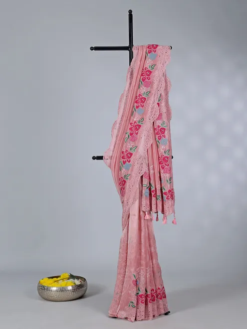 Peach art tissue saree with sequins radiance