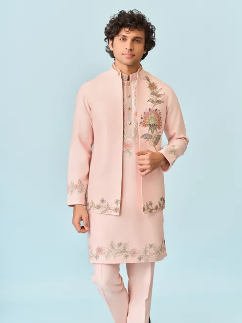 Peach artistry printed silk waistcoat set for men