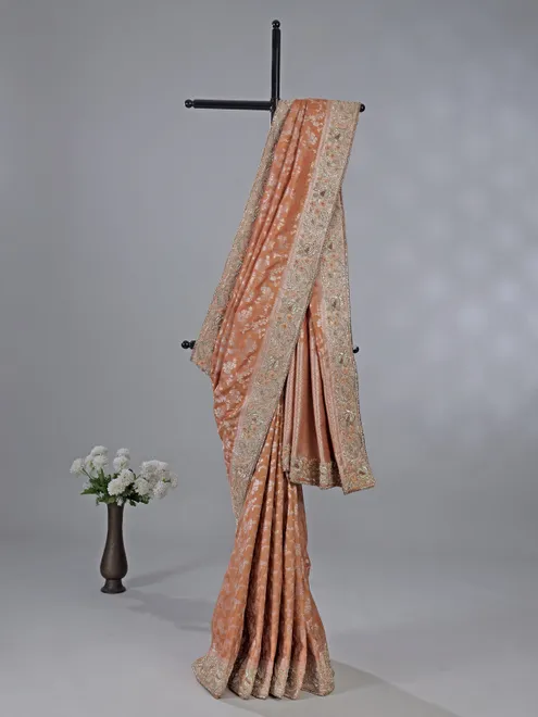 Peach banarasi silk saree with unstitched blouse