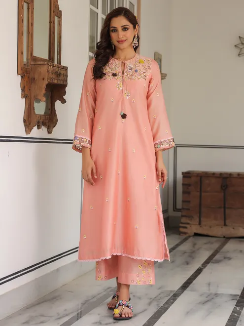 Peach chanderi silk kurti set for festive