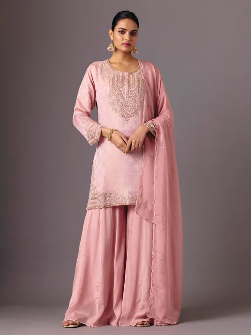 Peach chanderi silk quarter sleeve palazzo suit